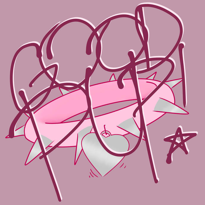 dark pink text on a light pink background. the text says “GOOD PUP!” and the dot on the exclamation mark is a star. behind the text is a drawing of a light pink choker with silver spikes and a silver heart-shaped nametag with no engraving. art by me.